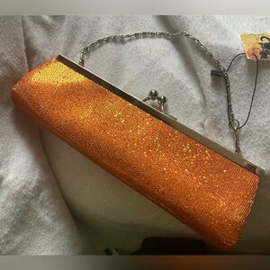 Vintage 50s-60s Orange Sequin Clutch Purse - MCM snap closure and stowaway chain